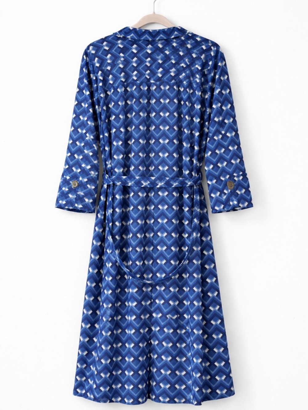 Mlle Gabrielle Plus Size 3X Blue Geometric Shirt Dress | Tie Waist | Stretchy - Picture 2 of 4